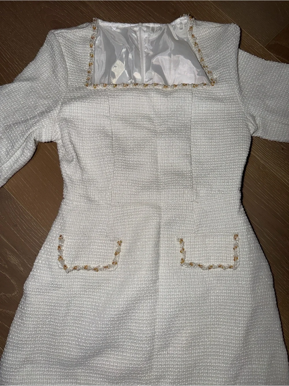 Textured Ivory Long Sleeve Mini Dress with Trim - Picture 2 of 3